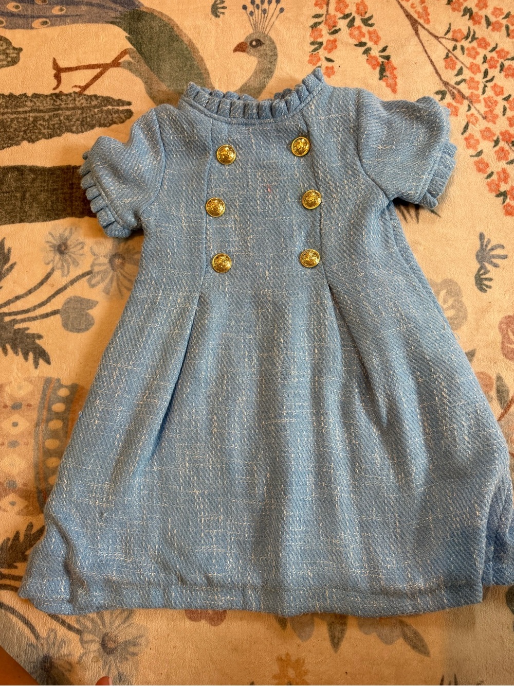 Girls' Blue Short-Sleeve Pleated Dress with Gold Buttons